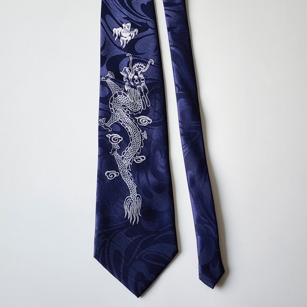 Rene Chagal Dragon Necktie Tie Navy Blue Silk Jacquard Asian Art Y2K Mythical